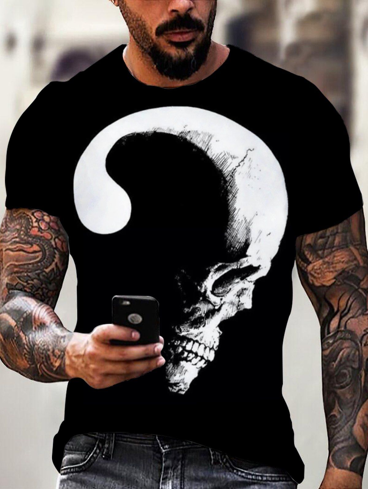 T-shirt D'Eté Décontracté Gothique à Imprimé Lune Crâne Manches Courtes à Col Rond - multicolor 3XL