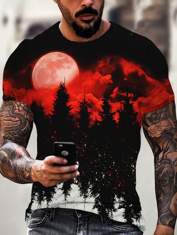 T-shirt Gothique à Imprimé Forêt Lune Paysage de Nuit à Manches Courtes à Col Rond - multicolor S