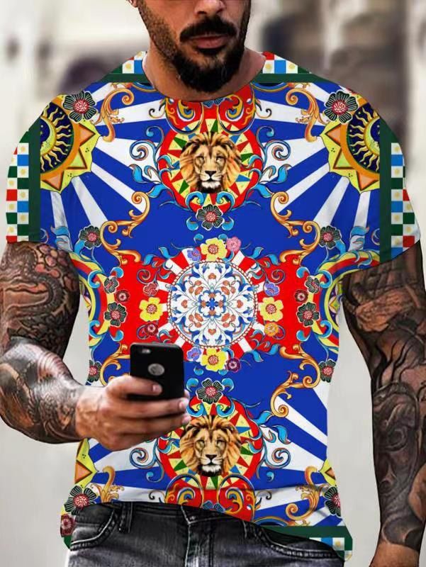 T-shirt d'été Style Ethnique Rayé à Imprimé Lion Fleur Partout à Col Rond - multicolor 3XL