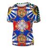 T-shirt d'été Style Ethnique Rayé à Imprimé Lion Fleur Partout à Col Rond - multicolor 3XL
