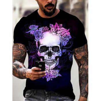 

Gothic T Shirt Skull Flower Print T Shirt Round Collar Short Sleeve Summer Casual Tee, Multicolor