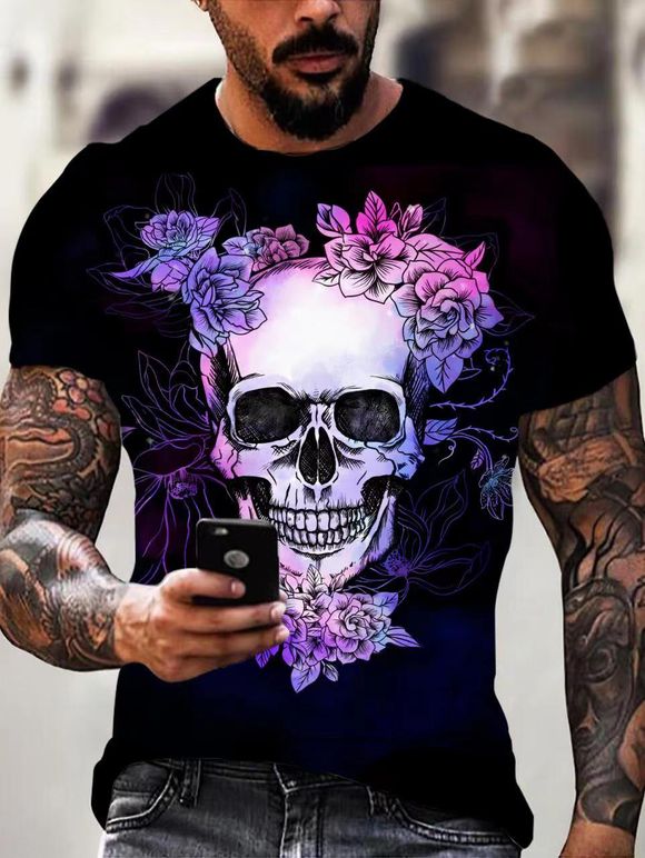 T-shirt D'Eté Décontracté Gothique à Imprimé Fleur Crâne à Manches Courtes à Col Rond - multicolor 3XL