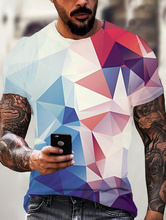 T-shirt de Vacances D'Eté à Imprimé 3D Géométrique Coloré à Manches Courtes à Col Rond - multicolor 3XL
