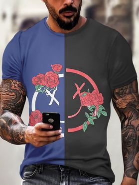 T-shirt D'Eté Bicolore à Imprimé Fleur et Visage Manches Courtes à Col Rond
