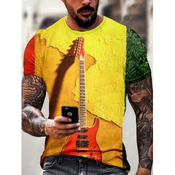 

Guitar Print T Shirt Colorblock T Shirt Short Sleeve Round Neck Vacation Casual Tee, Multicolor