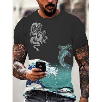 

Sea Waves Dragon Koi Fish Print Oriental T Shirt Short Sleeve Round Neck Summer Graphic Tee, Multicolor