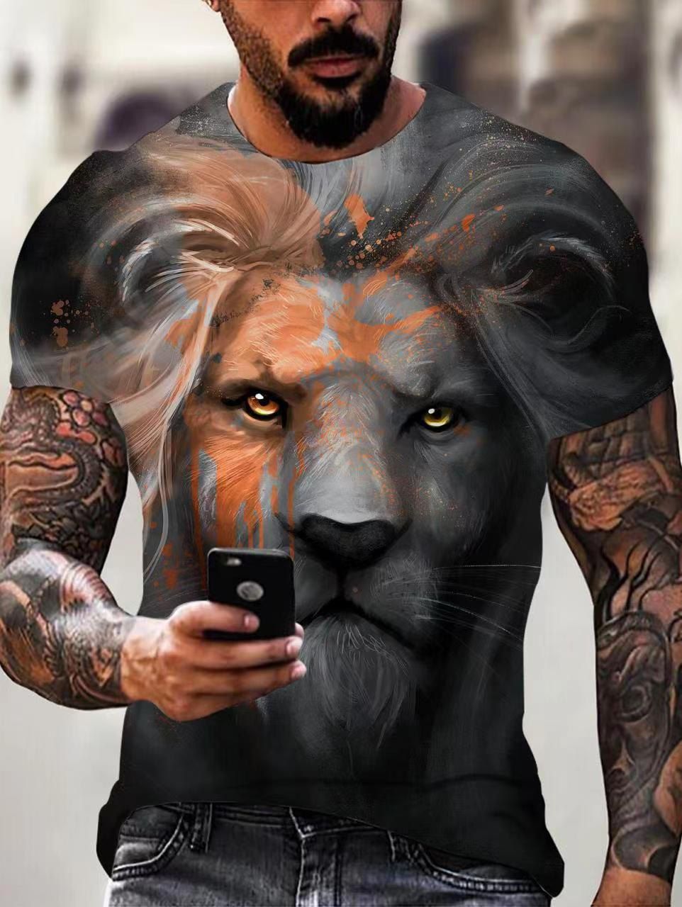 T-shirt D'Eté à Imprimé 3D Lion Peinture Manches Courtes à Col Rond - multicolor 3XL