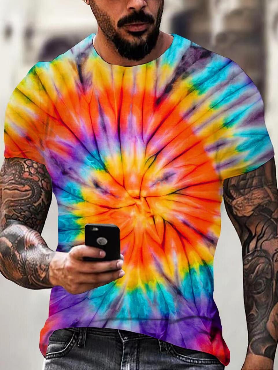 T-shirt D'Eté de Vacances Teinté Coloré Imprimé Manches Courtes à Col Rond - multicolor 3XL