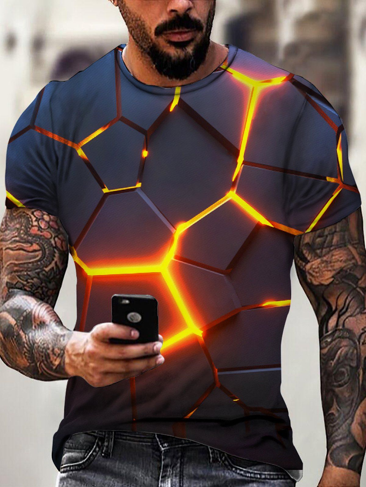 T-shirt Décontracté 3D Lumière Inséré Manches Courtes à Col Rond - multicolor XL
