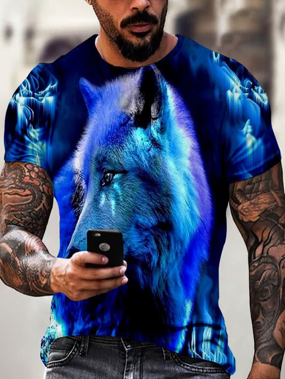 T-Shirt D'Eté Décontracté à Imprimé 3D Loup Manches Courtes à Col Rond - multicolor 3XL