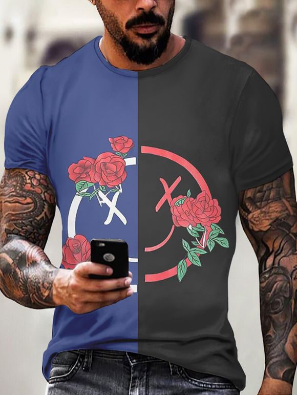 T-shirt D'Eté Bicolore à Imprimé Fleur et Visage Manches Courtes à Col Rond - multicolor L