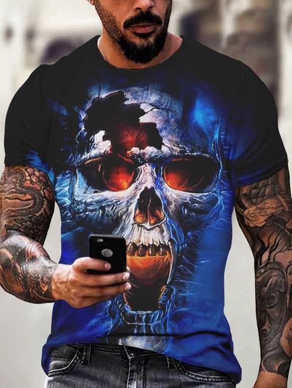T-shirt D'Eté Gothique à Imprimé 3D Crâne à Manches Courtes à Col Rond - multicolor XL