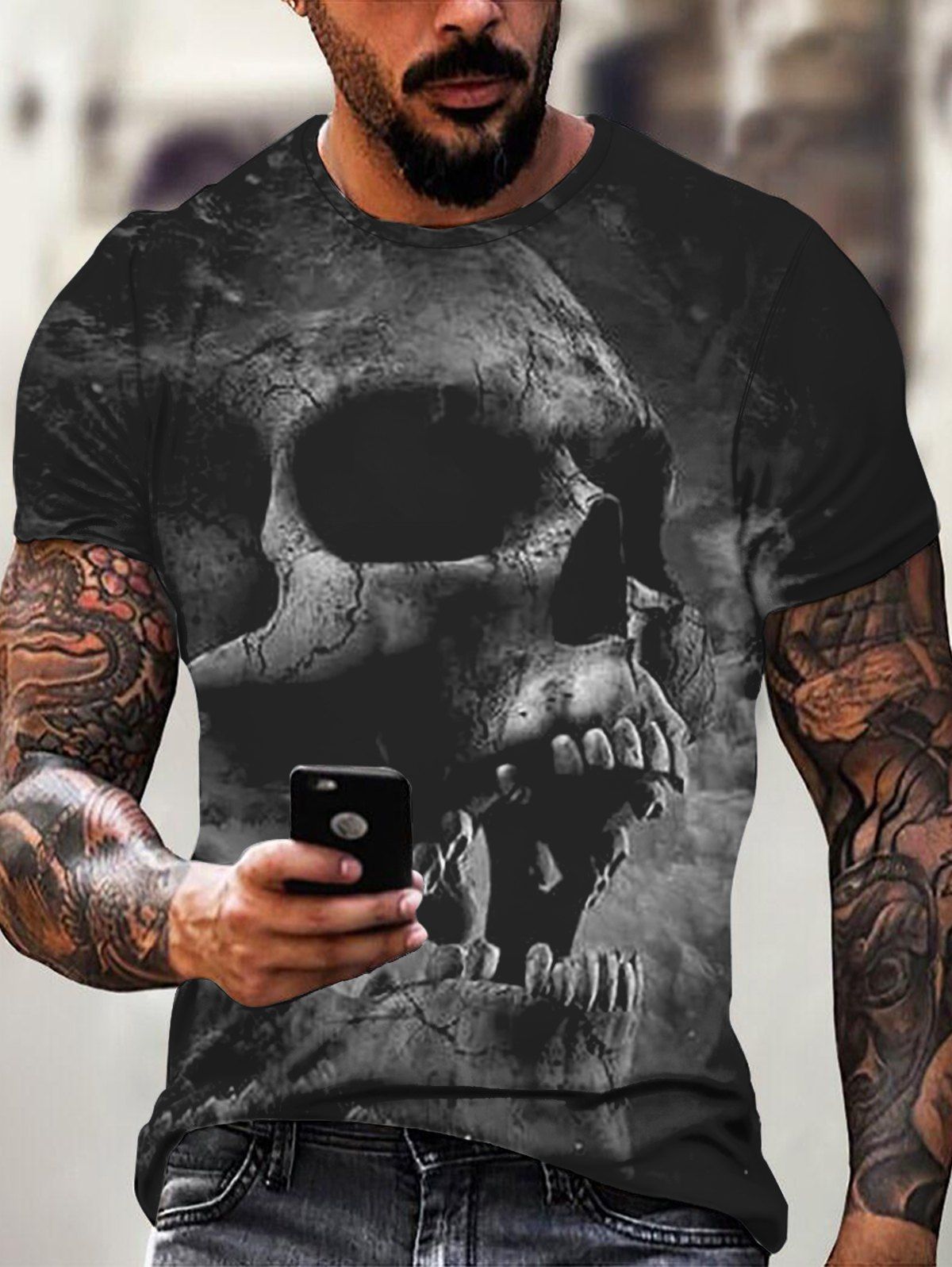T-shirt D'Eté Décontracté Gothique à Imprimé Crâne Manches Courtes à Col Rond - multicolor 2XL