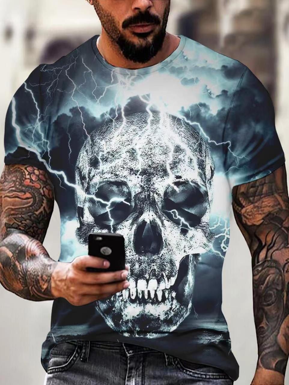 T-shirt D'Eté Décontracté Gothique à Imprimé Crâne à Manches Courtes à Col Rond - multicolor 3XL