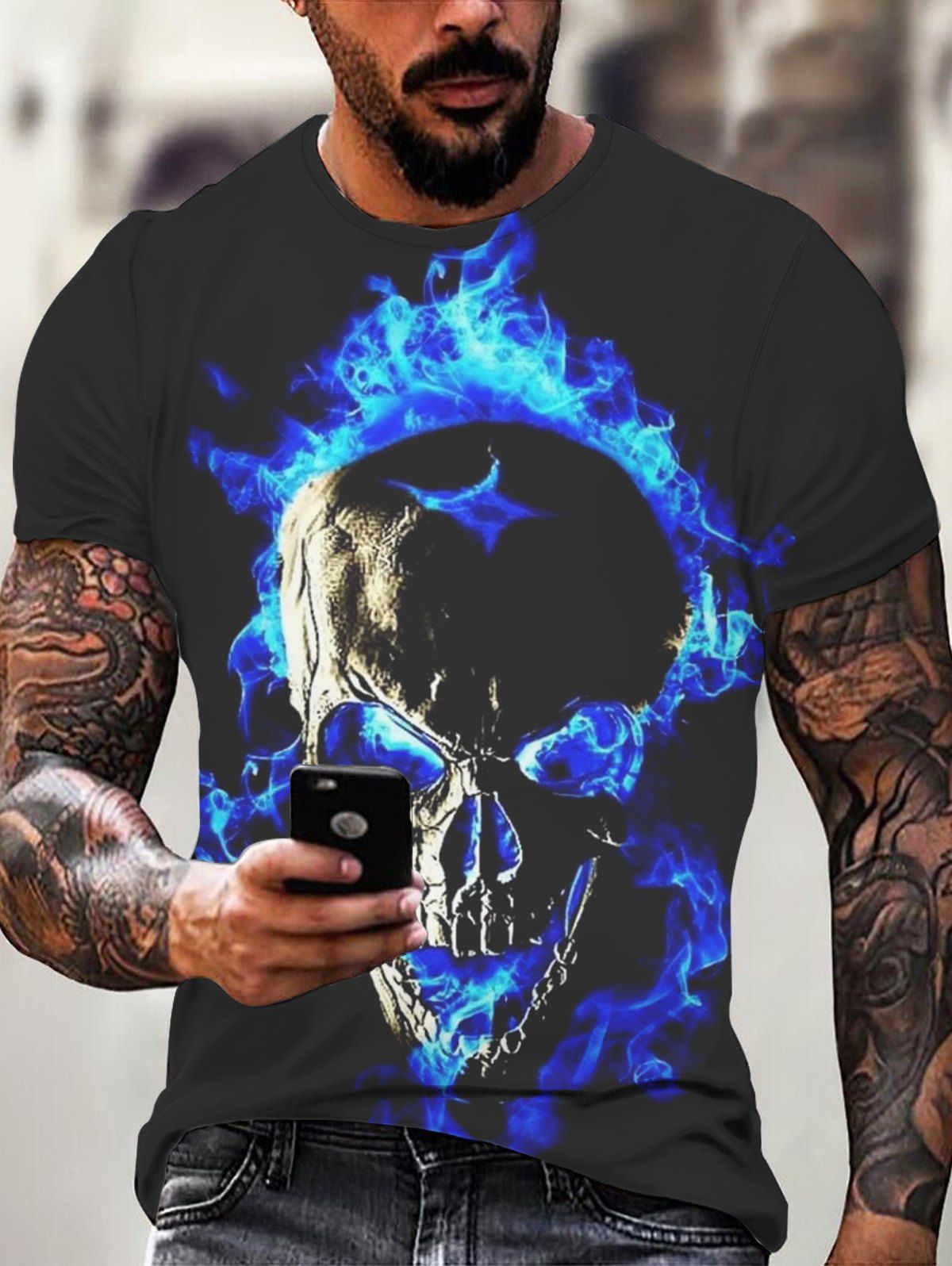 T-shirt Décontracté Gothique à Imprimé Crâne en Feu Manches Courtes à Col Rond - multicolor 3XL