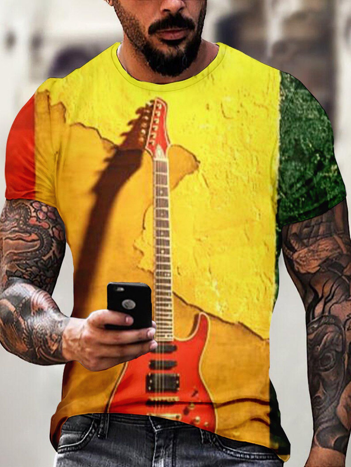 T-shirt Décontracté à Imprimé Guitare en Blocs de Couleurs Manches Courtes à Col Rond - multicolor 3XL