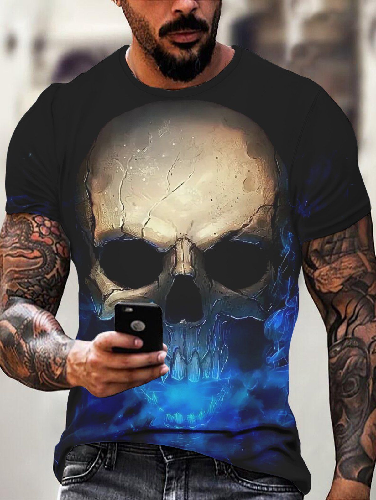 T-shirt Décontracté Gothique à Imprimé Crâne Manches Courtes à Col Rond - multicolor 3XL