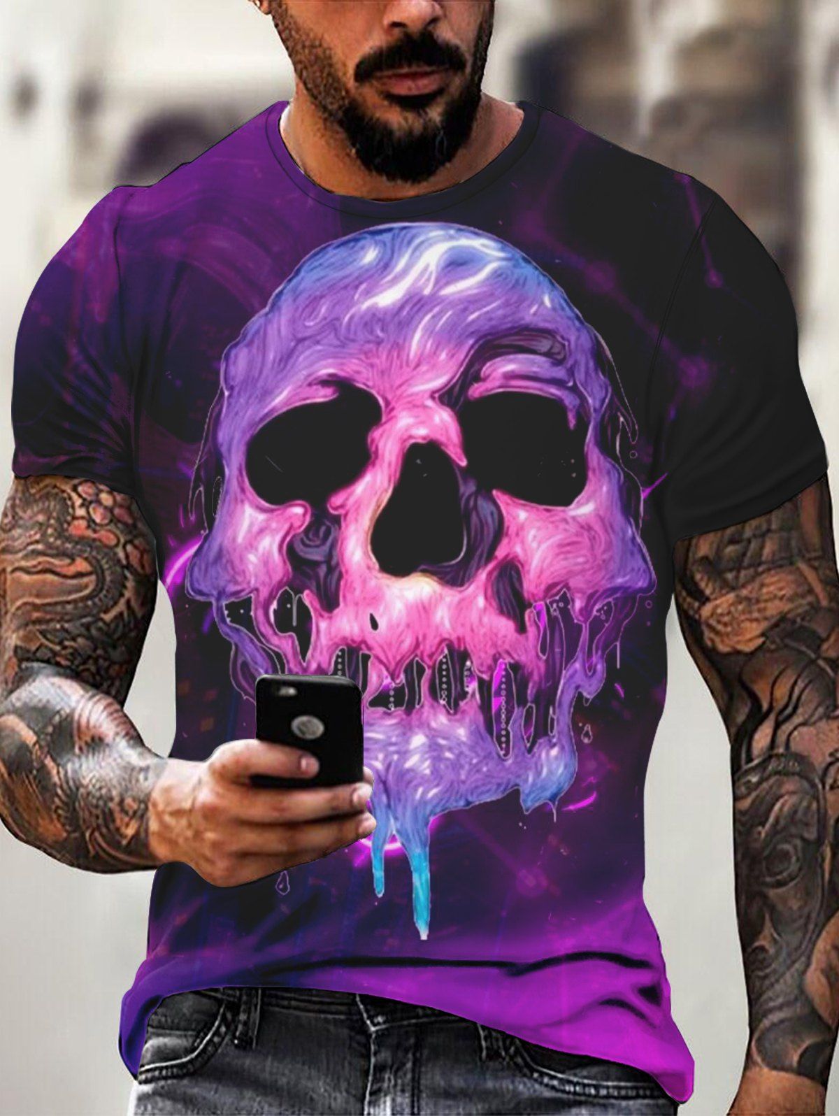 T-shirt D'Eté Décontracté Gothique à Imprimé Crâne Manches Courtes à Col Rond - multicolor 3XL
