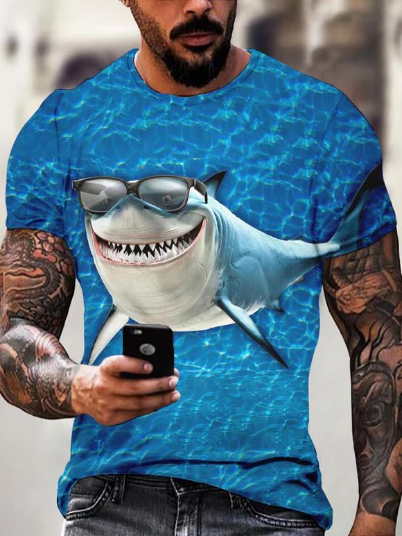 T-shirt D'Eté de Vacances Décontracté à Imprimé Requin à Manches Courtes à Col Rond - multicolor 3XL