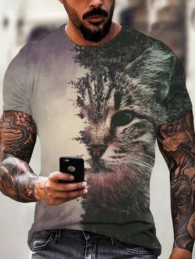 T-shirt D'Eté Décontracté à Imprimé 3D Chat et Forêt à Demi-Manches Courtes à Col Rond