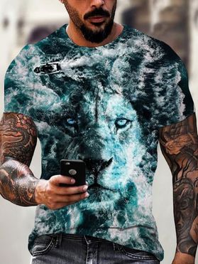 T-shirt D'Eté de Vacances à Imprimé 3D Lion Vague de L'Océan Partout Manches Courtes à Col Rond