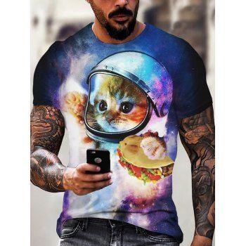 

Summer T Shirt Cartoon Astronaut Cat Galaxy 3D Print T Shirt Round Neck Short Sleeve Casual Tee, Multicolor