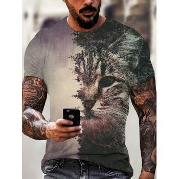 

Forest Cat 3D Half And Half Print T Shirt Short Sleeve Round Neck Summer Casual Tee, Multicolor