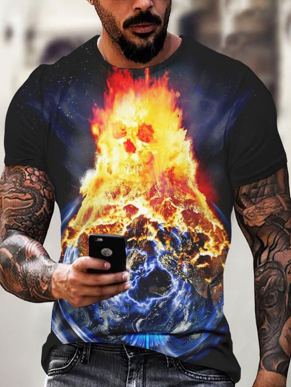 T-shirt Décontracté à Imprimé 3D Terre en Feu Galaxie à Manches Courtes à Col Rond - multicolor S