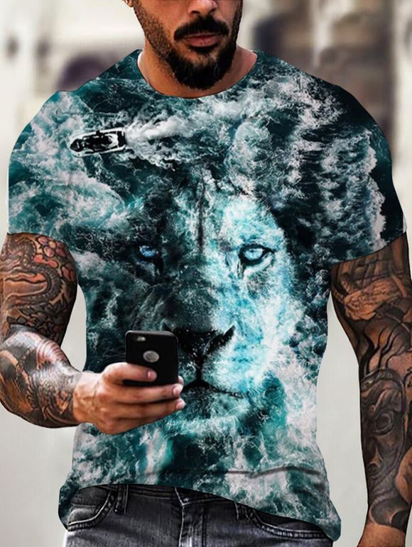 T-shirt D'Eté de Vacances à Imprimé 3D Lion Vague de L'Océan Partout Manches Courtes à Col Rond - multicolor 2XL