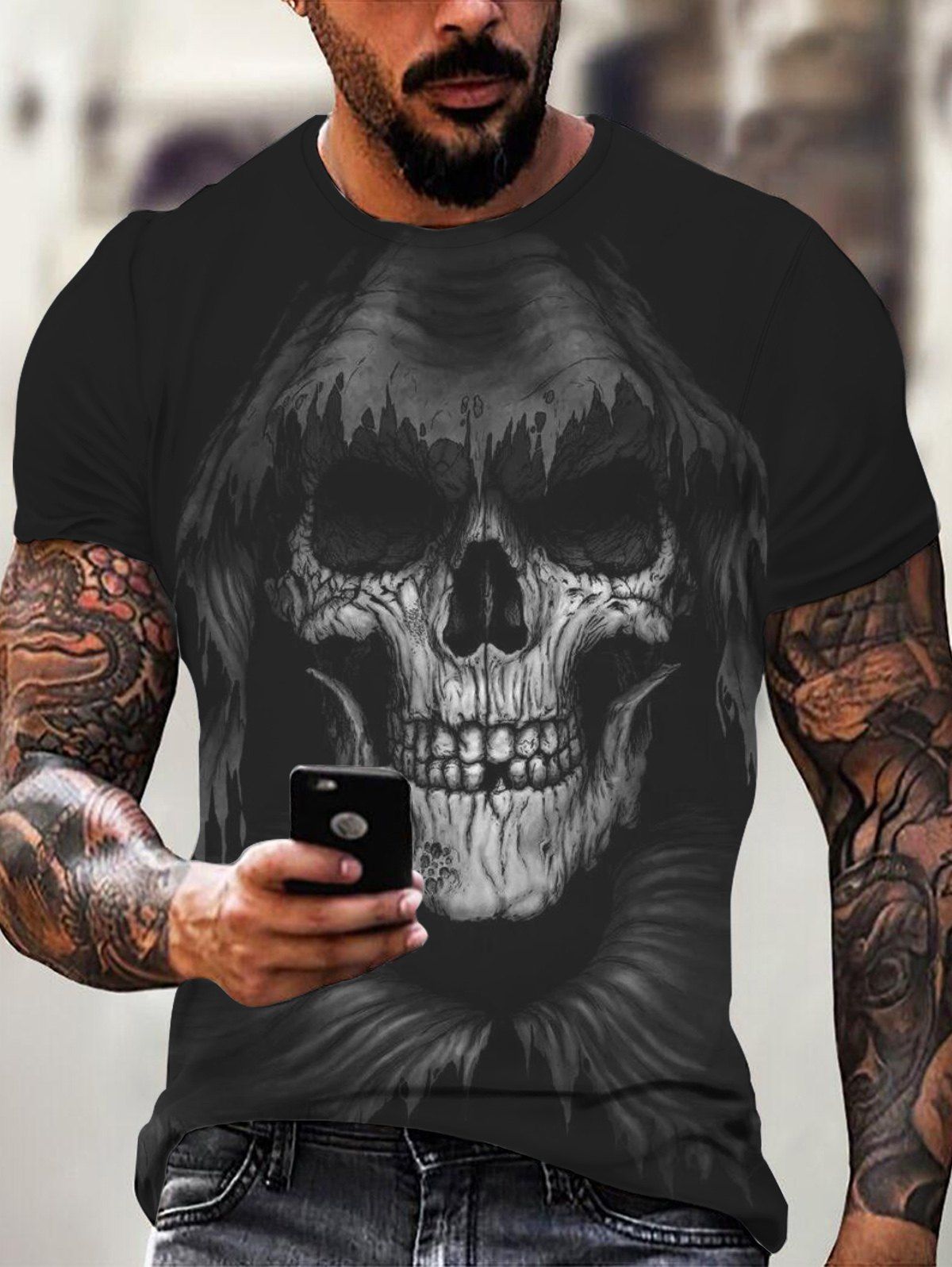 T-shirt Décontracté Motif de 3D Crâne Gothique D'Halloween à Manches Courtes - multicolor 3XL