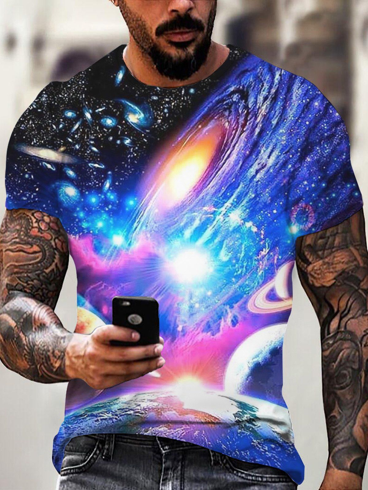 T-shirt D'Eté Décontracté à Imprimé 3D Galaxie Planète à Manches Courtes à Col Rond - multicolor 3XL