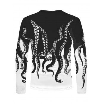 Long Sleeve T Shirt Octopus Print T Shirt Monochrome Round Neck Casual Tee