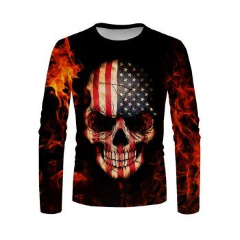 

Gothic T Shirt Fire Skull American Flag Print Long Sleeve Casual Halloween Tee, Multicolor