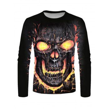 

Halloween T Shirt Skull Fire Print Long Sleeve T Shirt Round Neck Gothic Tee, Multicolor