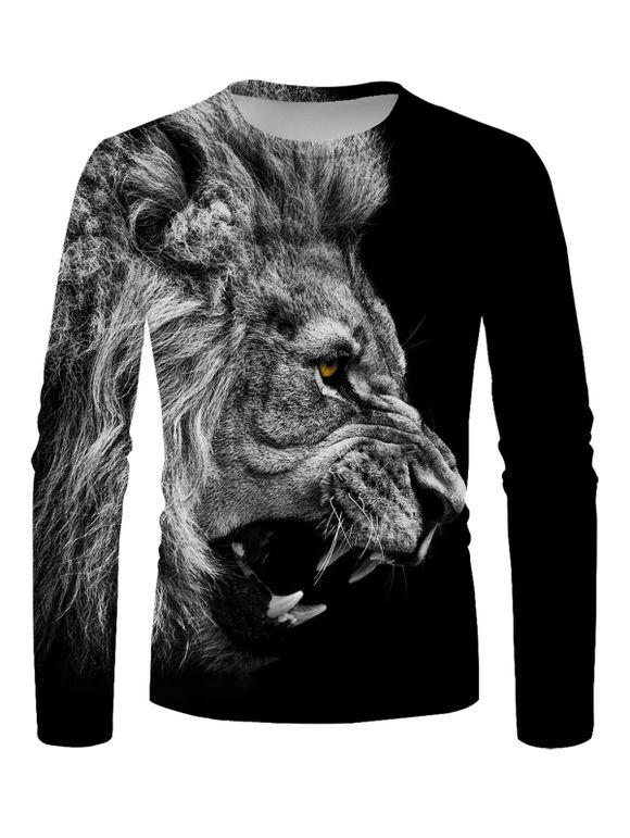 T-shirt Décontracté Gothique à Imprimé 3D Lion à Manches Longues à Col Rond - multicolor 3XL