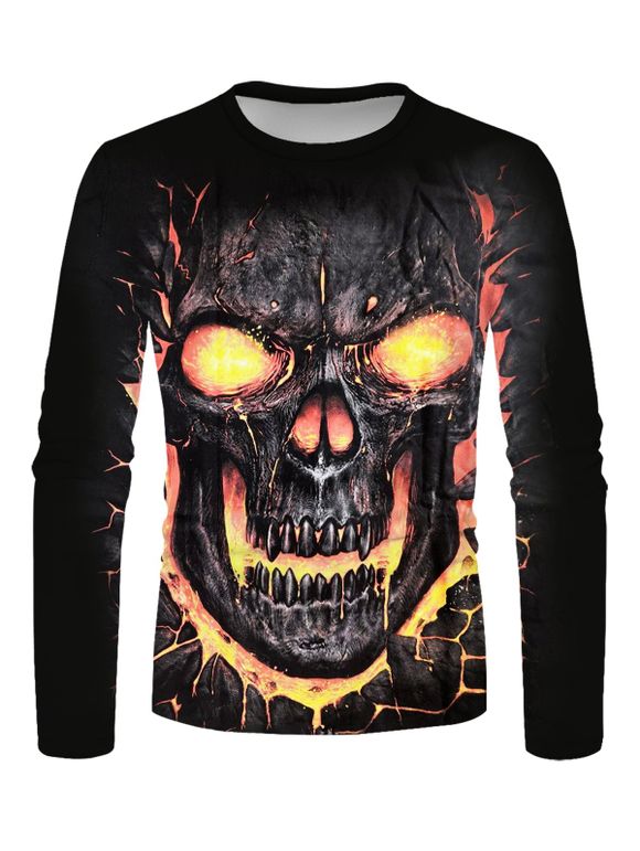T-shirt Gothique D'Halloween à Imprimé Crâne en Feu à Manches Longues à Col Rond - multicolor 3XL