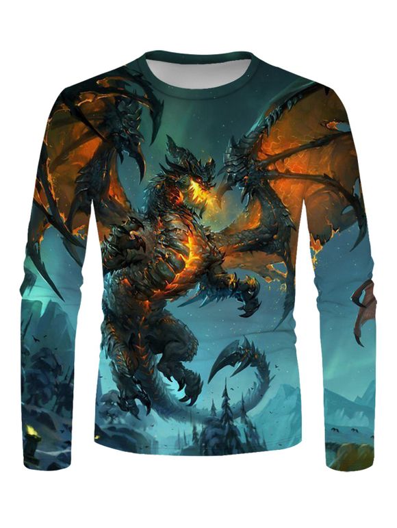 T-shirt Décontracté Gothique à Imprimé Dragon en Feu à Manches Longues à Col Rond - multicolor 3XL