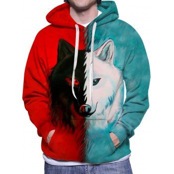 

Two Tone Color Wolf Print Hoodie Drawstring Kangaroo Pocket Long Sleeve Pullover Sweatshirt With Hood, Multicolor