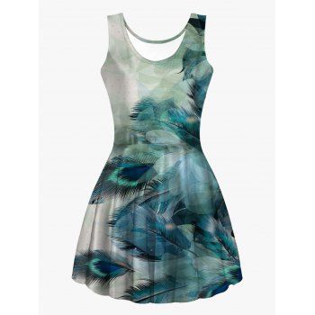

Peacock Feathers Print High Waist Tank Dress Sleeveless Casual Scoop Neck Dress, Multicolor