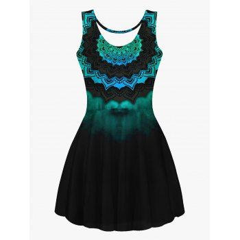 

Ethnic Style Dress Flower Print High Waisted Scoop Neck Sleeveless A Line Mini Dress, Multicolor