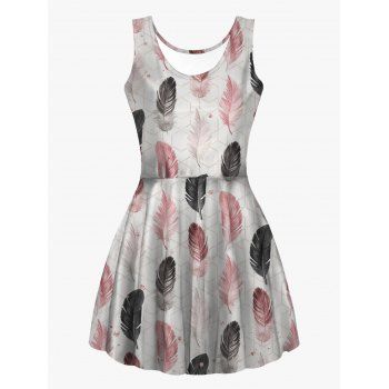 

Allover Feathers Geometric Print Tank Dress Scoop Neck Sleeveless High Waist Dress, Multicolor