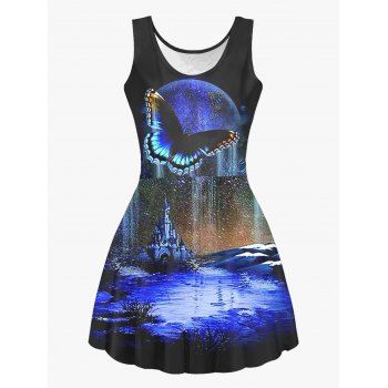 

Moon Butterfly Landscape Print High Waist Tank Dress Casual Scoop Neck A Line Dress, Multicolor