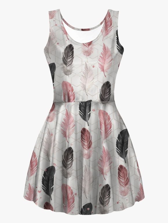 Robe Débardeur sans Manches à Imprimé Plumes et Géométries à Taille Haute Encolure Dégagée - multicolor XL