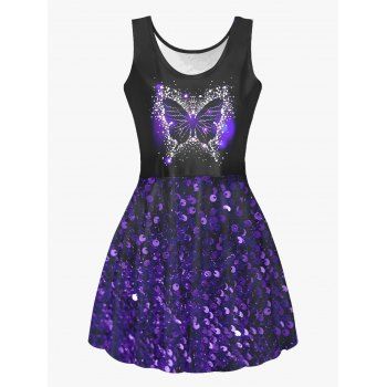 

Butterfly Sequined Print Tank Dress Sleeveless A Line High Waist Dress, Multicolor