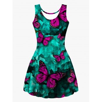 

Flower Butterfly Print High Waist Tank Dress Casual Scoop Neck Sleeveless Dress, Multicolor