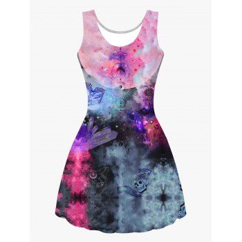 

Galaxy Book Skull Animal Moon Print Tank Dress Casual Sleeveless High Waist Dress, Multicolor