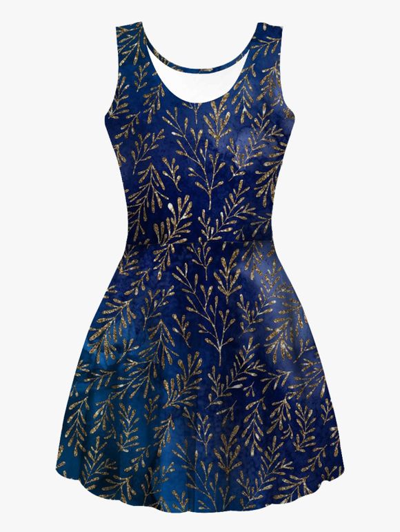 Mini Robe Ligne A à Imprimé Feuille à Taille Haute sans Manches - multicolor L
