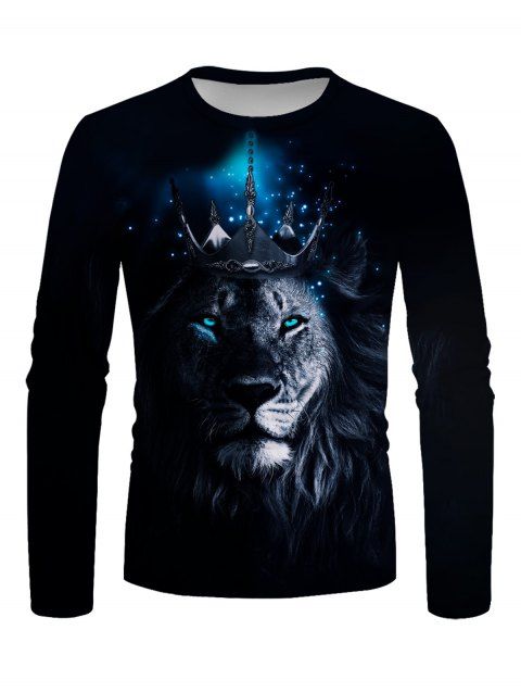 Lion Crown Galaxy Print T-shirt Round Neck Casual Long Sleeve Tee
