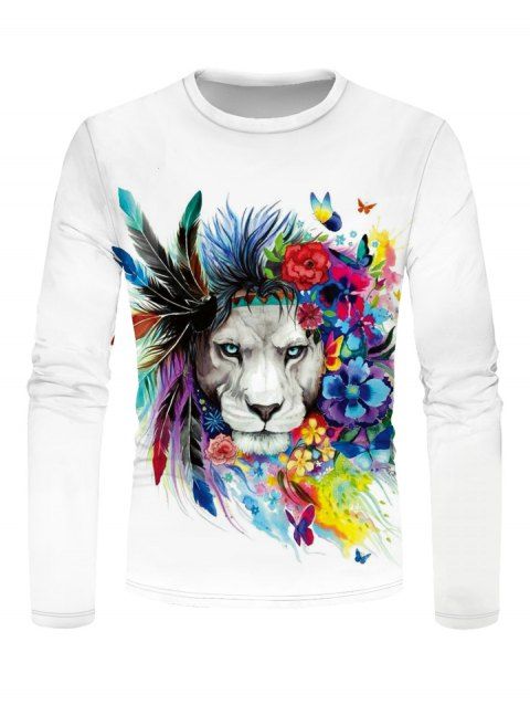 T-shirt Décontracté à Imprimé Fleur Lion Plume Coloré Manches Longues à Col Rond