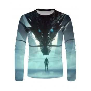 

Dragon And Figure Print T-shirt Long Sleeve Casual Round Neck Tee, Multicolor